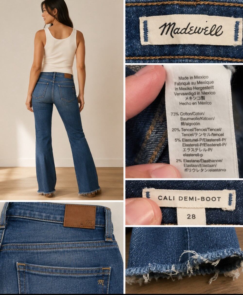 Boho Madewell Cali Demi-Boot Jeans Size 28 Medium Wash Raw Hem Indie Sleaze